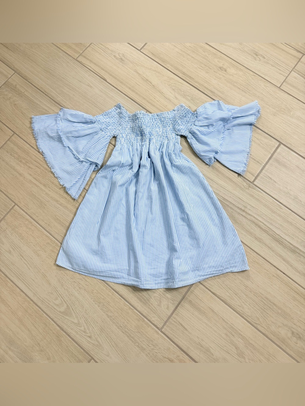 ELAN Smocked Off Shoulder Dress Blue White Pinstripe Bell Sleeve Boho Tunic